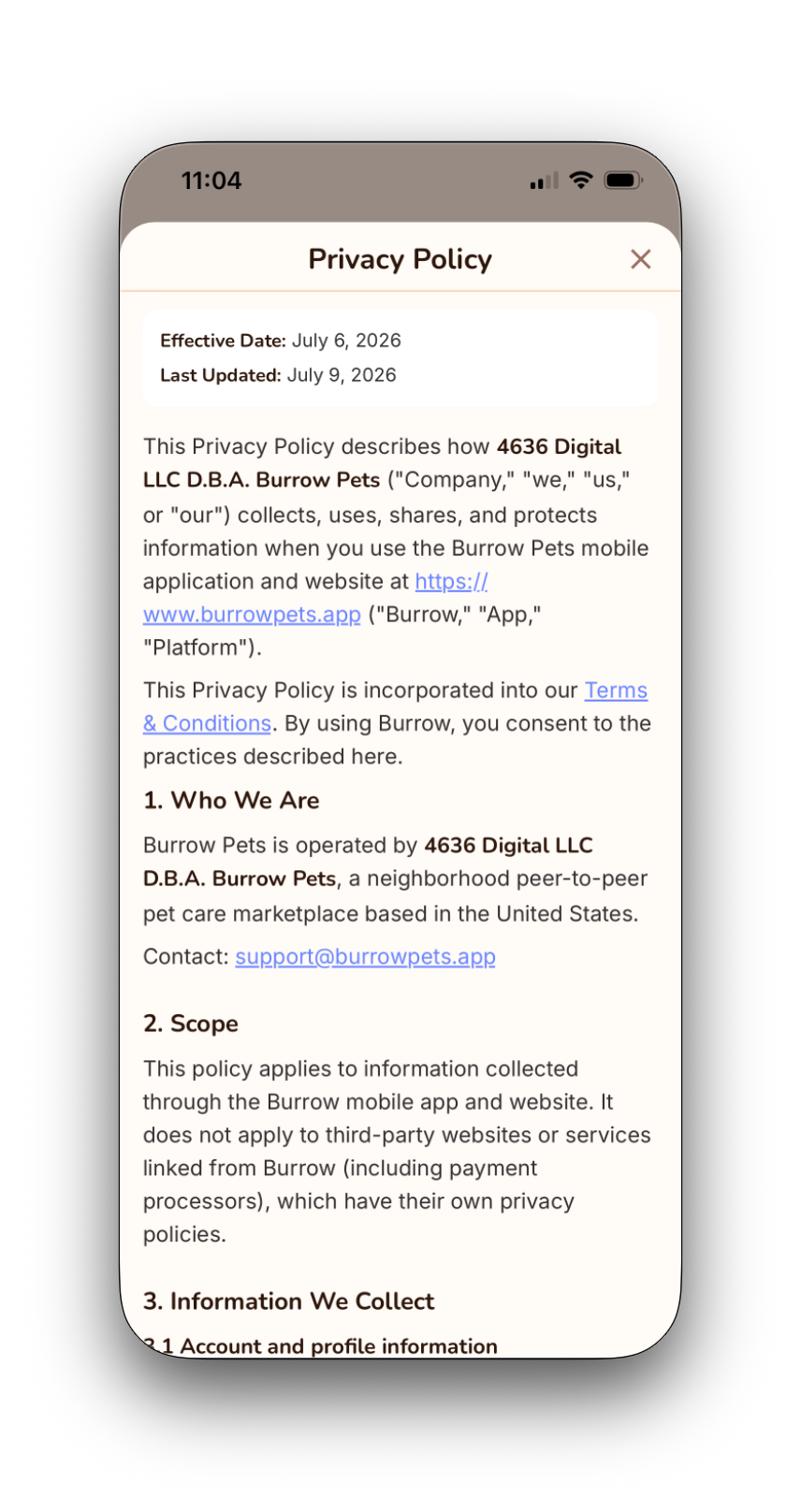 Privacy Policy modal inside the Burrow Pets app, showing Section 6 SMS and Mobile Phone Communications