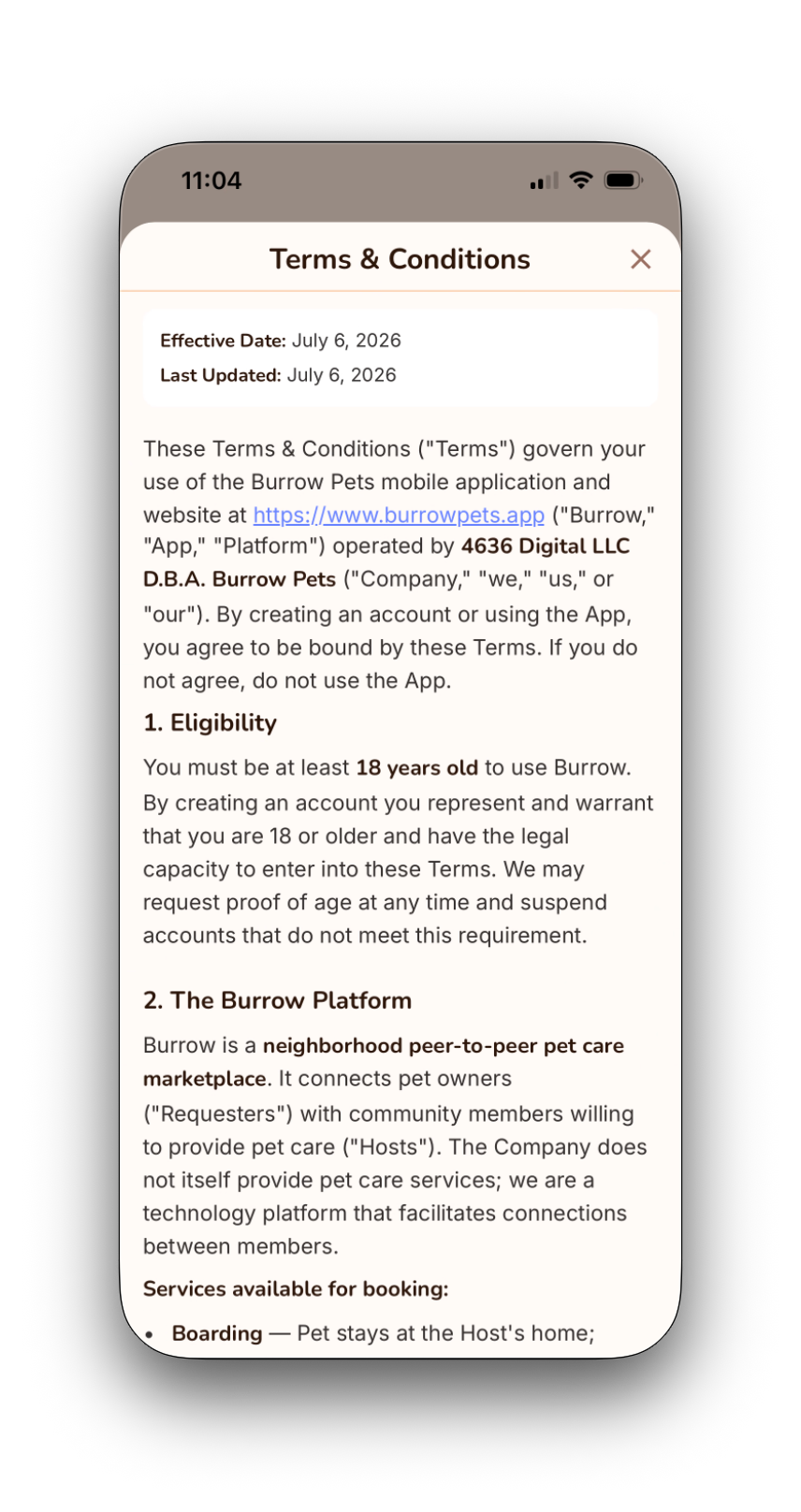 Terms and Conditions modal inside the Burrow Pets app, showing Section 3.6 SMS Communications