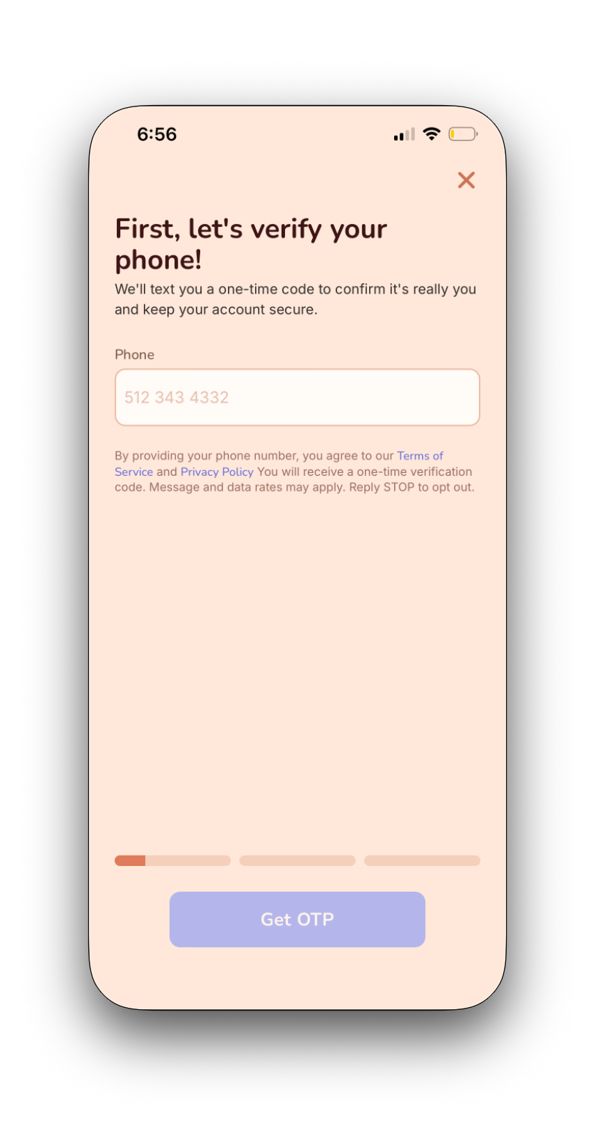 Verify Your Phone screen with phone number input field and SMS consent disclosure text reading: By providing your phone number, you agree to our Terms of Service and Privacy Policy. You will receive a one-time verification code. Message and data rates may apply. Reply STOP to opt out.
