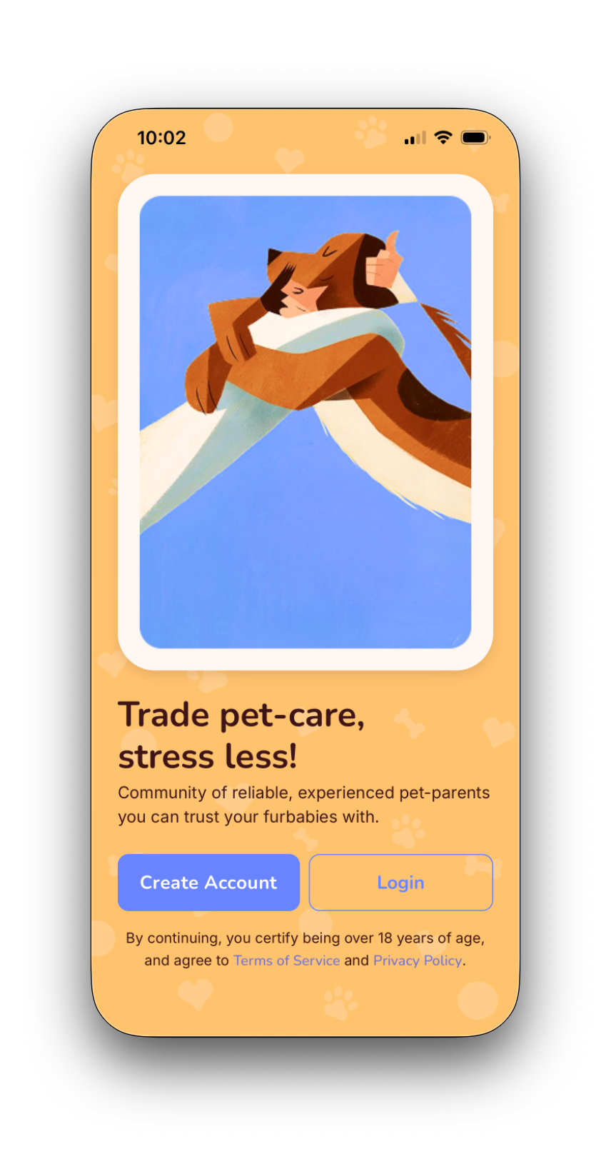 Burrow Pets welcome screen showing Get started button and links to Terms of Service and Privacy Policy